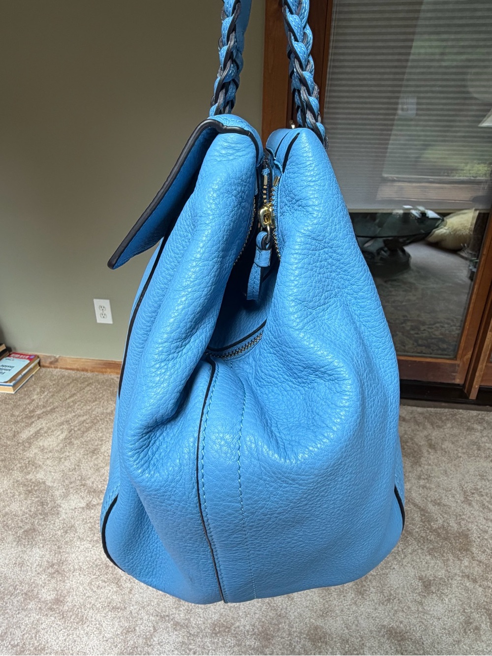 Tory Burch Half Moon LG Blue Braided-Handle Shoulder Bag Detachable Strap - Picture 4 of 16